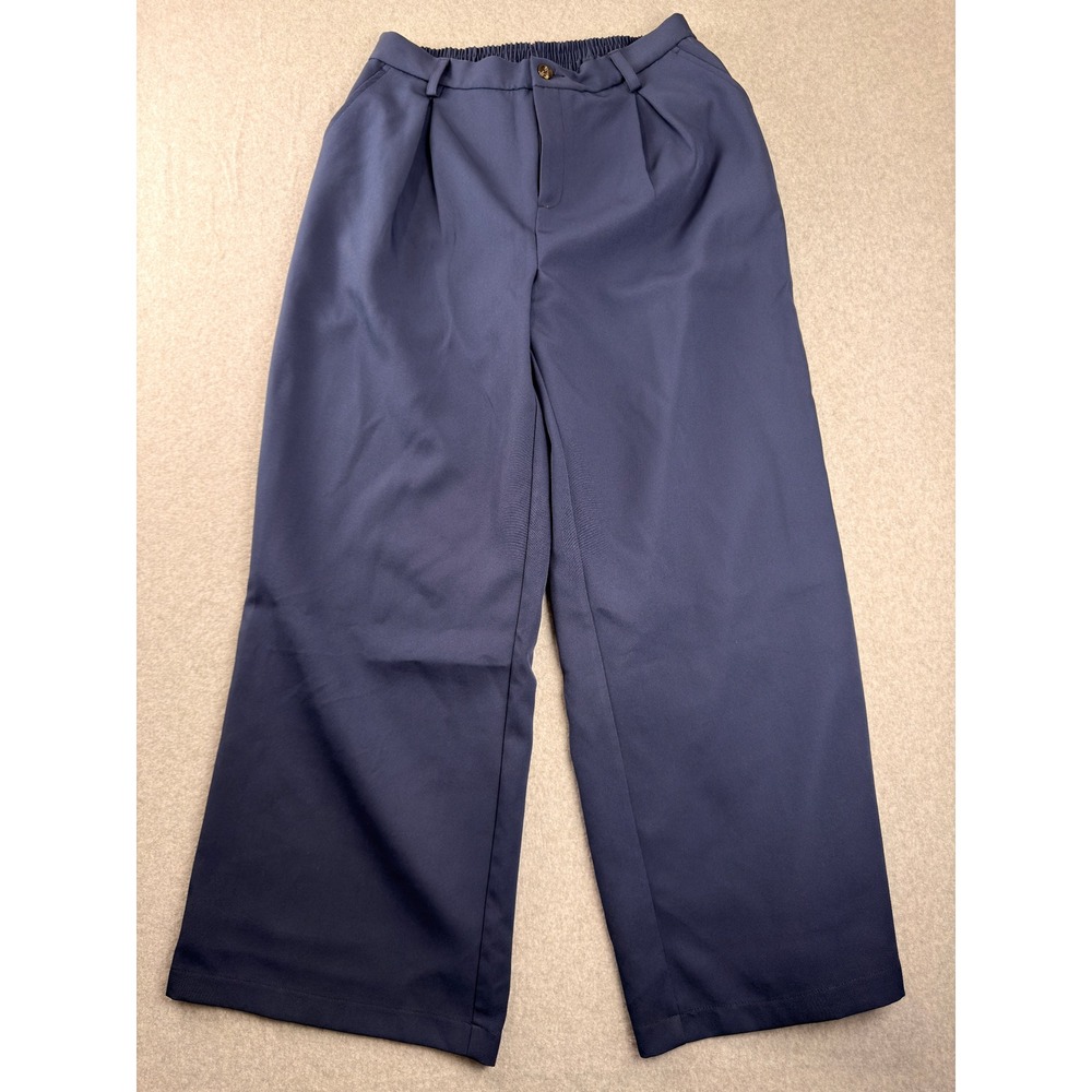 Jessica London Navy Blue Wide Leg Pleated Trousers Plus Size 18W Elastic Waist